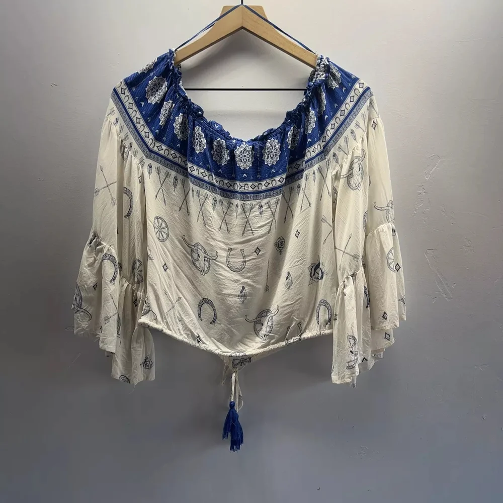 Surf Gypsy Blue and White Bell Sleeve Crop Top - Picture 2 of 3